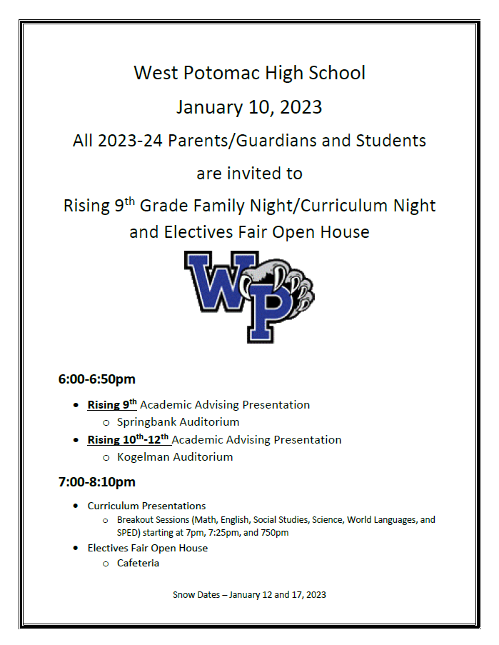 west Potomac curriculum night flyer